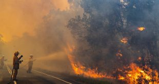 Servicio de bomberos y emergencias de Queenslad Bomberos en Queensland, Australia, se enfrentan a un incendio que amenaza una población