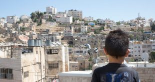 Hamid, de 8 años de edad, se asoma a la vieja ciudad de Hebrón desde el techo de su casa. (12 de julio de 2018).