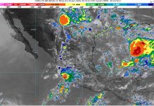 Lluvias fuertes con puntuales muy fuertes (50 a 75 mm) Michoacán (noreste, oeste y suroeste). Temperaturas máximas de 35 a 40 °Ceste).