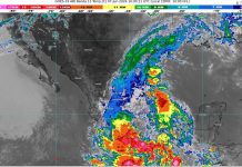 Lluvias muy fuertes con puntuales intensas (75 a 150 mm): Michoacán (noreste y costa). Prevalecerá onda de calor de 35 a 40 °C. (suroeste)