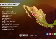 Intervalos de chubascos con lluvias puntuales fuertes (25 a 50 mm): Michoacán (norte, oeste y centro), Temperaturas máximas de 40 a 45 °C: (centro)