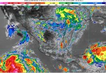 Chubascos con lluvias puntuales fuertes (25 a 50 mm): Michoacán (oeste y sur). En zonas del Estado, temperaturas máximas de 35 a 40 °C