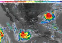 Lluvias fuertes con puntuales muy fuertes (50 a 75 mm): Jalisco, Colima, Michoacán (costa) y Guerrero