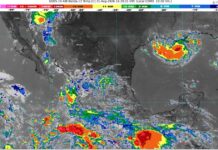 Lluvias fuertes con puntuales muy fuertes (50 a 75 mm): Michoacán (norte, centro y sur). Temperaturas máximas de 30 a 35 °C