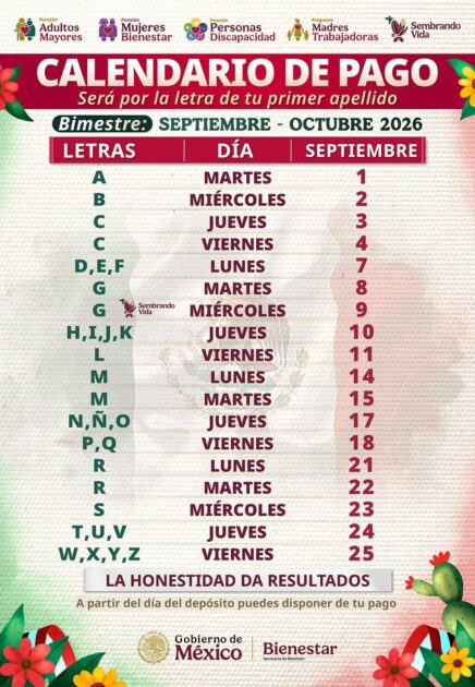 Calendario de pago sept-oct 2026