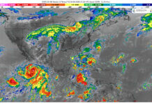 Lluvias muy fuertes con puntuales intensas (75 a 150 mm): Michoacán (costa). En el transcurso del día prevalecerá cielo medio nublado a nublado, con lluvias puntuales intensas